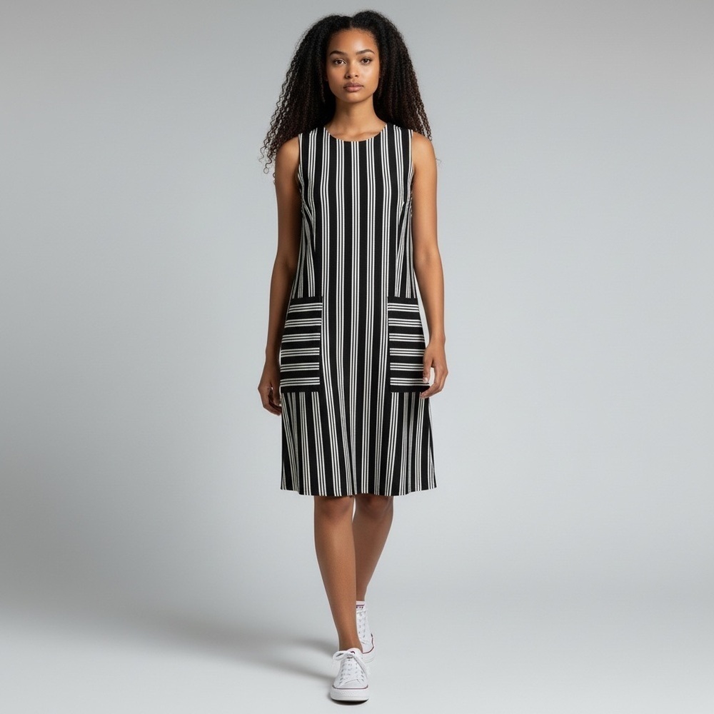 Lark & Ro Black White Striped Sheath Dress Back Zip Size L